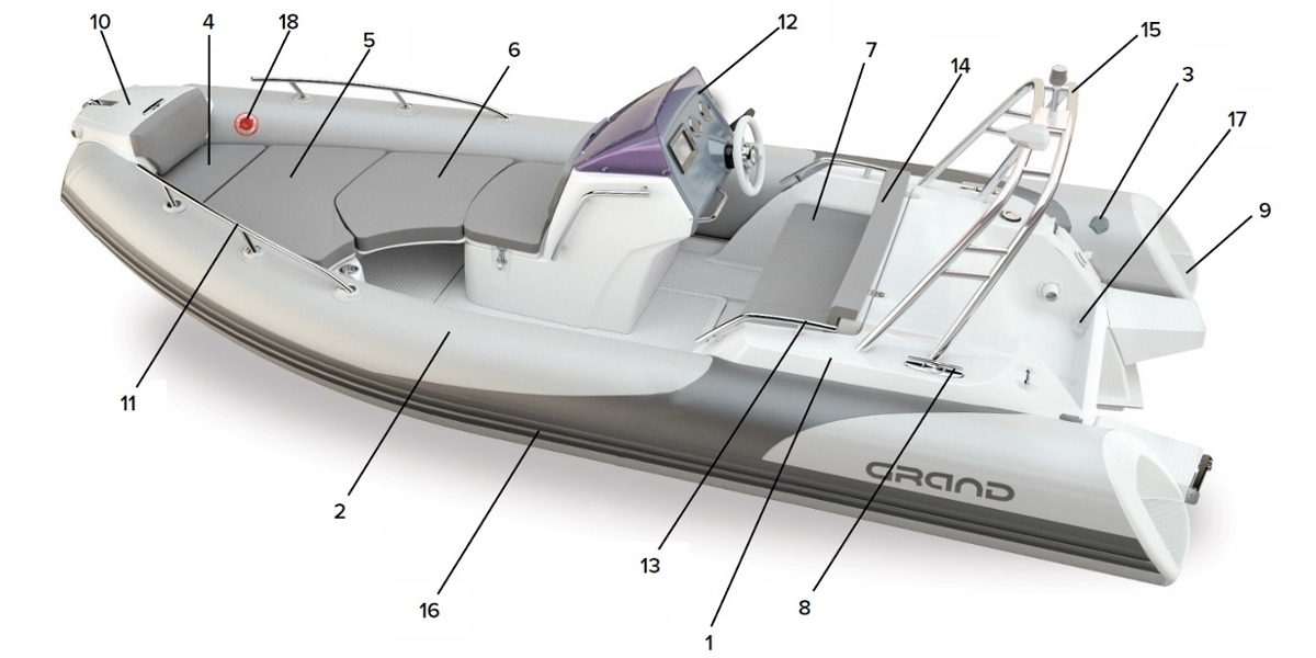Общее оборудование надувной лодки с жестким дном GRAND Golden Line G500