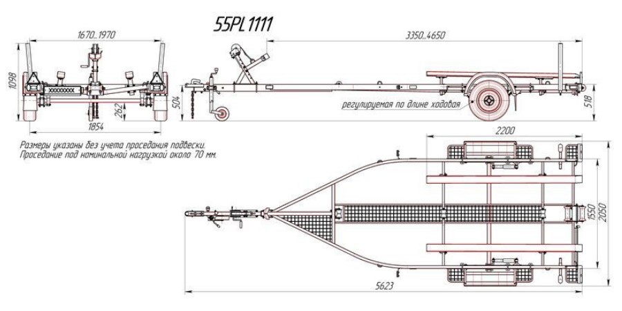 Одноосный прицеп на рессорной подвески без тормозов для транспортировки лодки длиной до 5,0 м