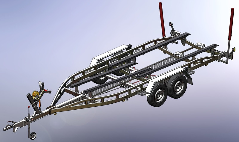 Двухосный прицеп на торсионной подвески с тормозами для транспортировки катера длиной до 7,8 м